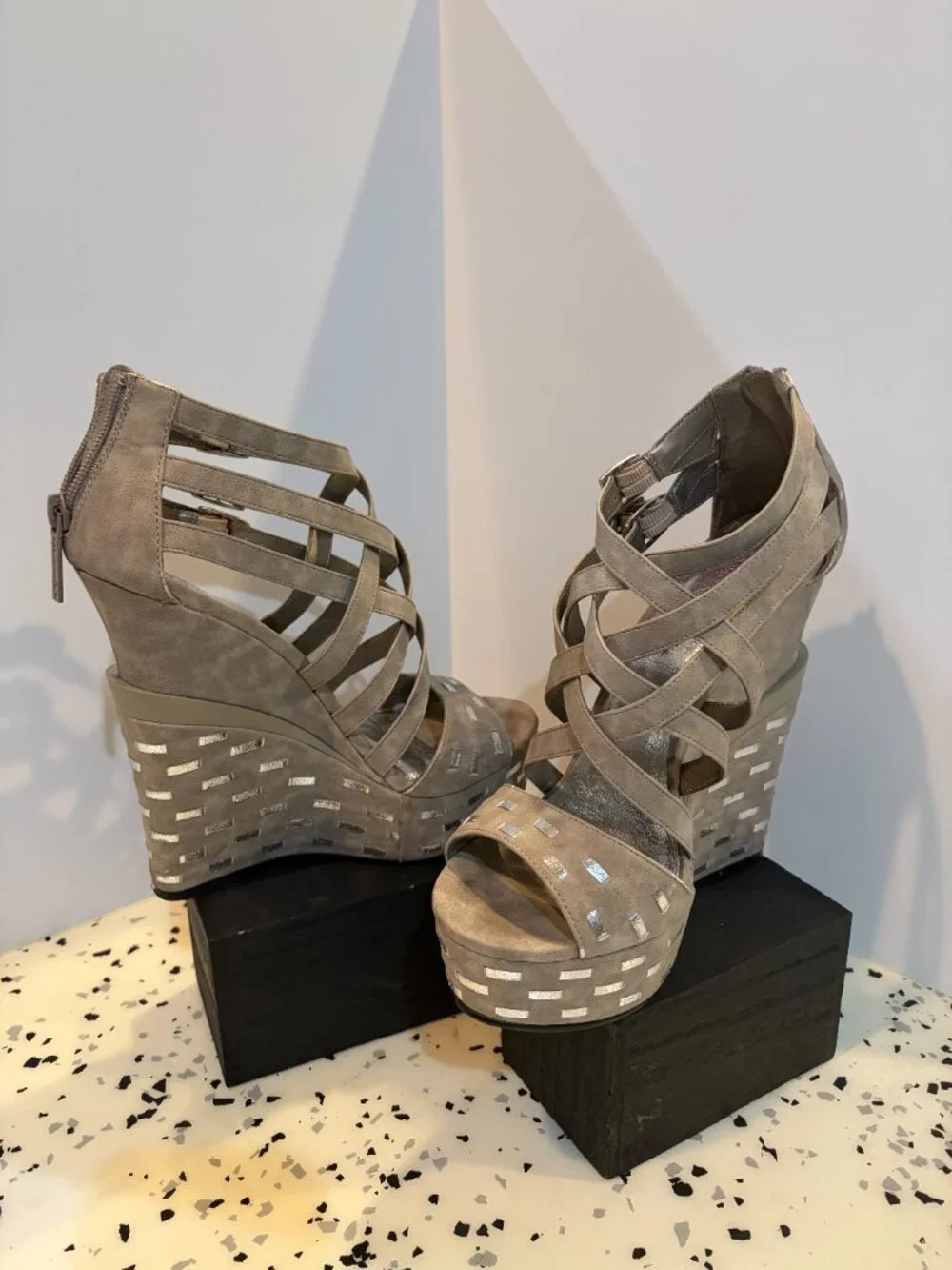 Taupe & Silver Wedge, 7 1/2, Micheal Saudie